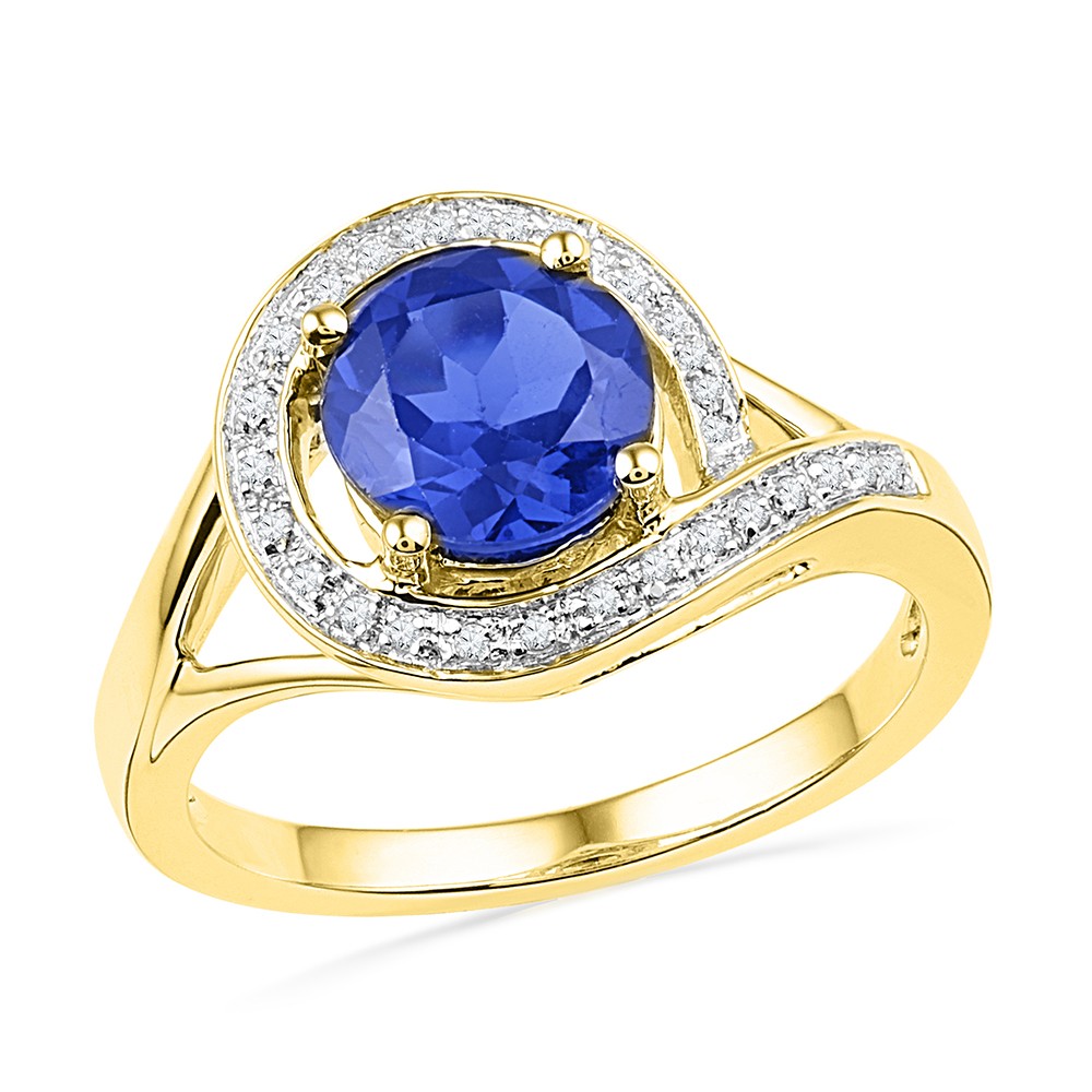 10kt Yellow Gold Womens Round Lab-Created Blue Sapphire Solitaire Diamond Ring 1-7/8 Cttw