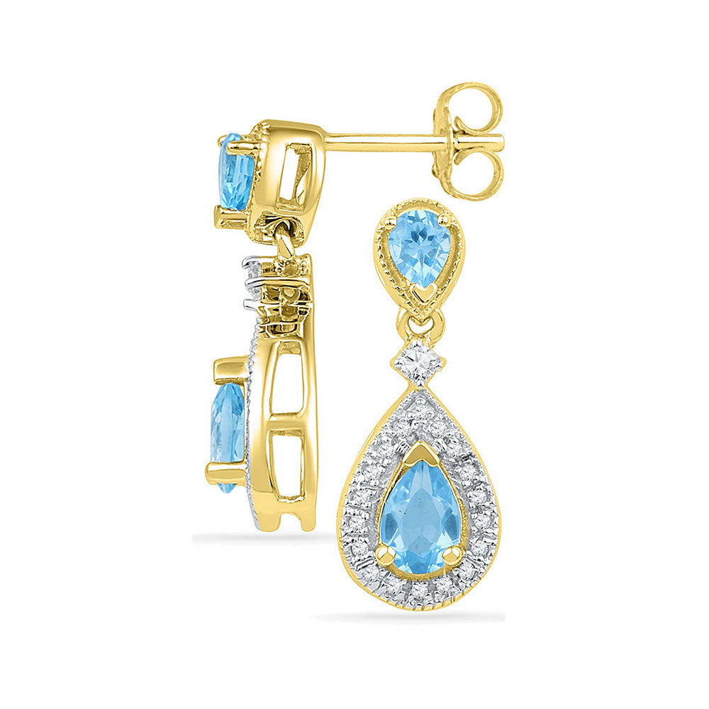 10kt Yellow Gold Womens Pear Lab-Created Blue Topaz Dangle Diamond Earrings 1-1/2 Cttw