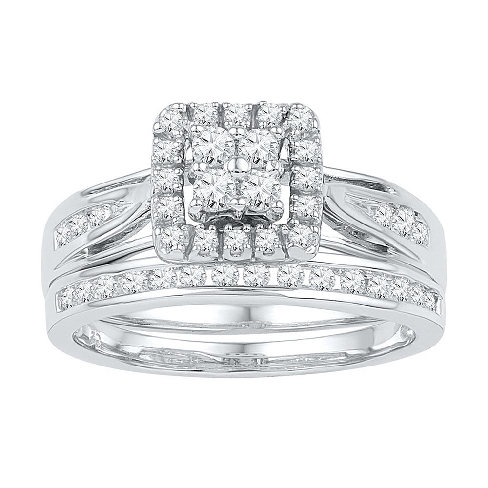 10kt White Gold Womens Round Diamond Cluster Bridal Wedding Engagement Ring Band Set 1/2 Cttw