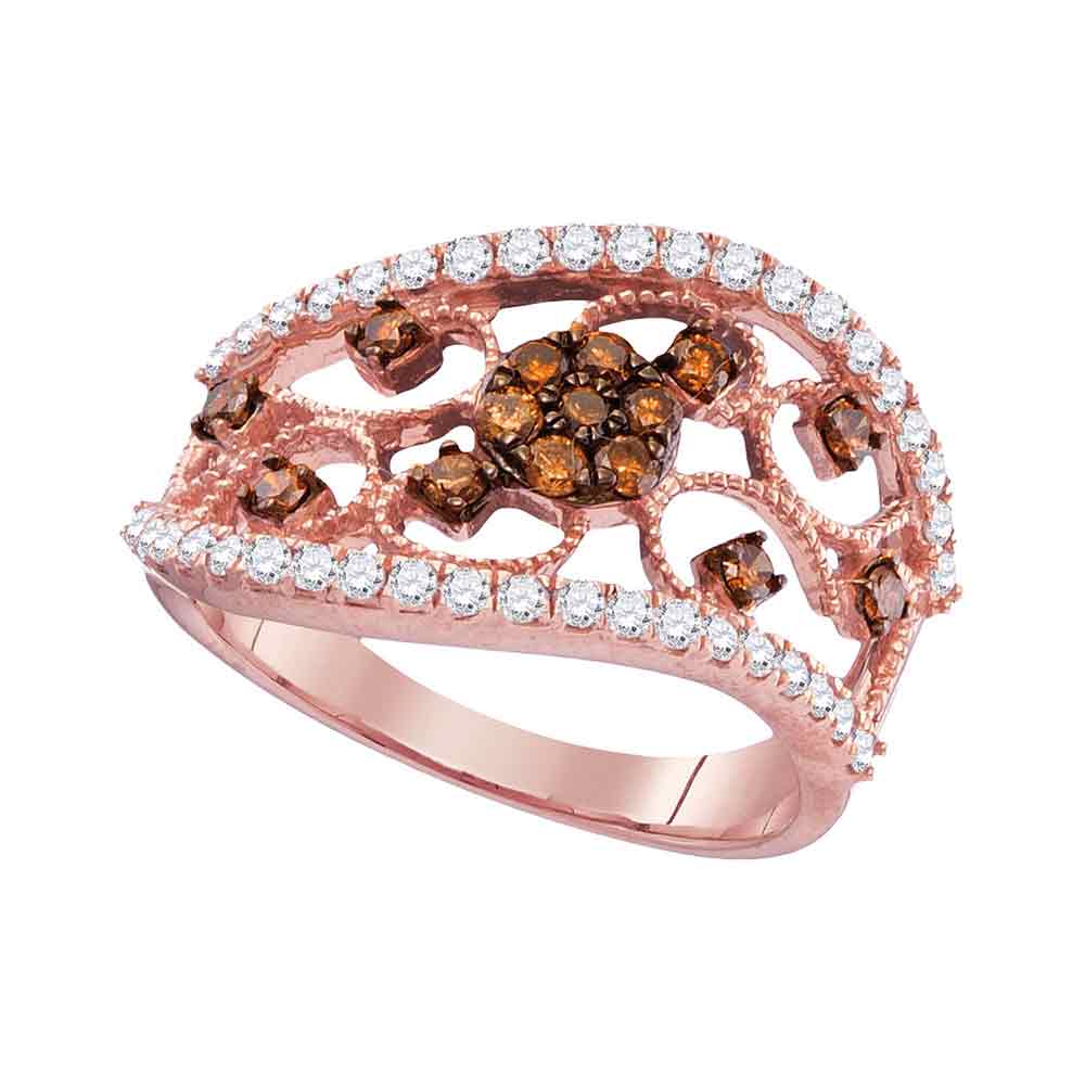 10kt Rose Gold Womens Round Cognac-brown Color Enhanced Diamond Filigree Band Ring 7/8 Cttw