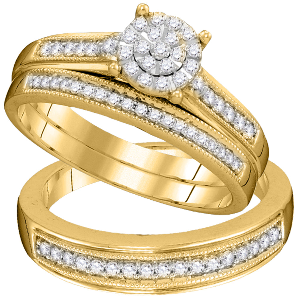 10kt Yellow Gold His & Hers Round Diamond Cluster Matching Bridal Wedding Ring Band Set 3/8 Cttw