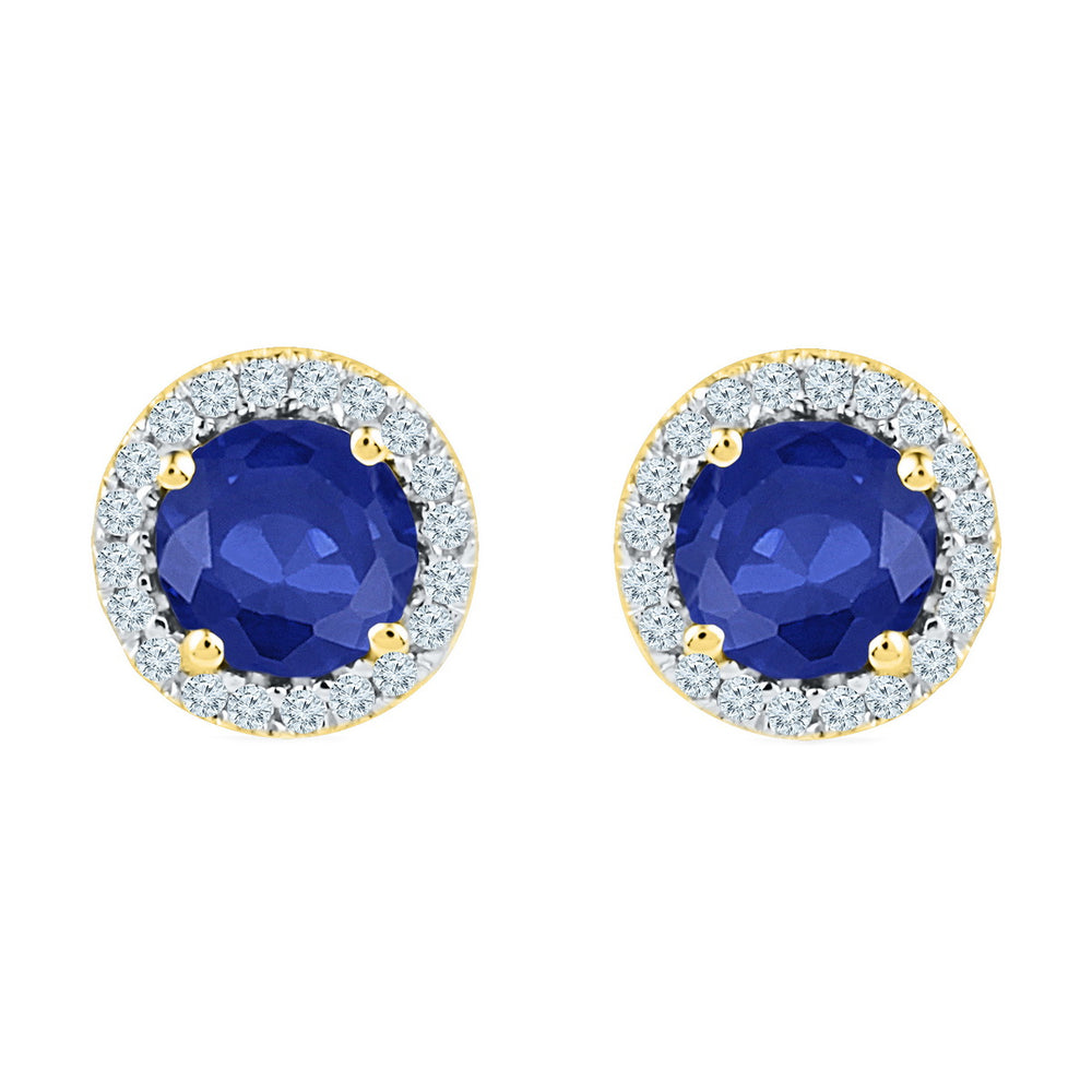 10kt Yellow Gold Womens Round Lab-Created Blue Sapphire Diamond Stud Earrings 1-1/2 Cttw
