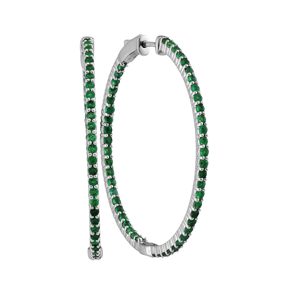 14kt White Gold Womens Round Emerald Hoop Earrings 3.00 Cttw