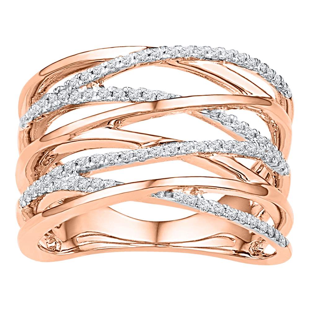 10kt Rose Gold Womens Round Diamond Crossover Strand Fashion Band Ring 1/4 Cttw