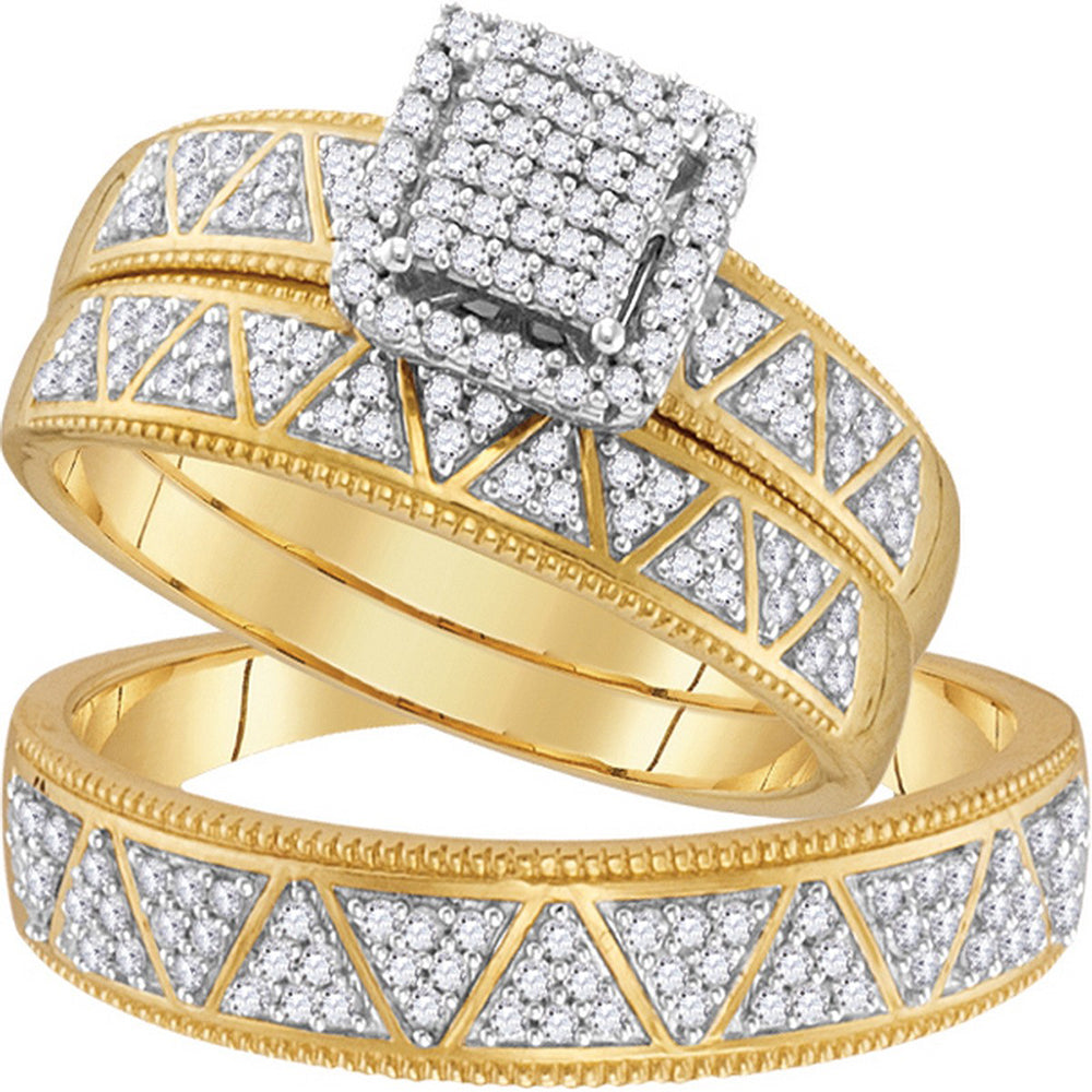 10kt Yellow Gold His & Hers Round Diamond Square Cluster Matching Bridal Wedding Ring Band Set 1/2 Cttw