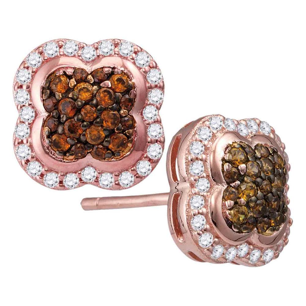10kt Rose Gold Womens Round Cognac-brown Color Enhanced Diamond Quaterfoil Cluster Stud Earrings 1/2 Cttw
