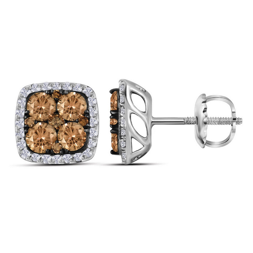 14kt White Gold Womens Round Cognac-brown Color Enhanced Diamond Square Cluster Earrings 1.00 Cttw