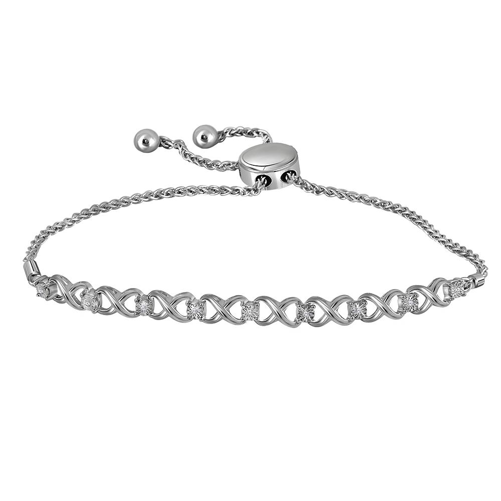 Sterling Silver Womens Round Diamond Infinity Bolo Bracelet 1/20 Cttw