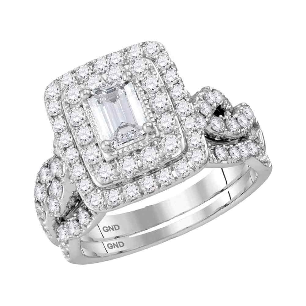14kt White Gold Womens Emerald Diamond Bridal Wedding Engagement Ring Band Set 2.00 Cttw