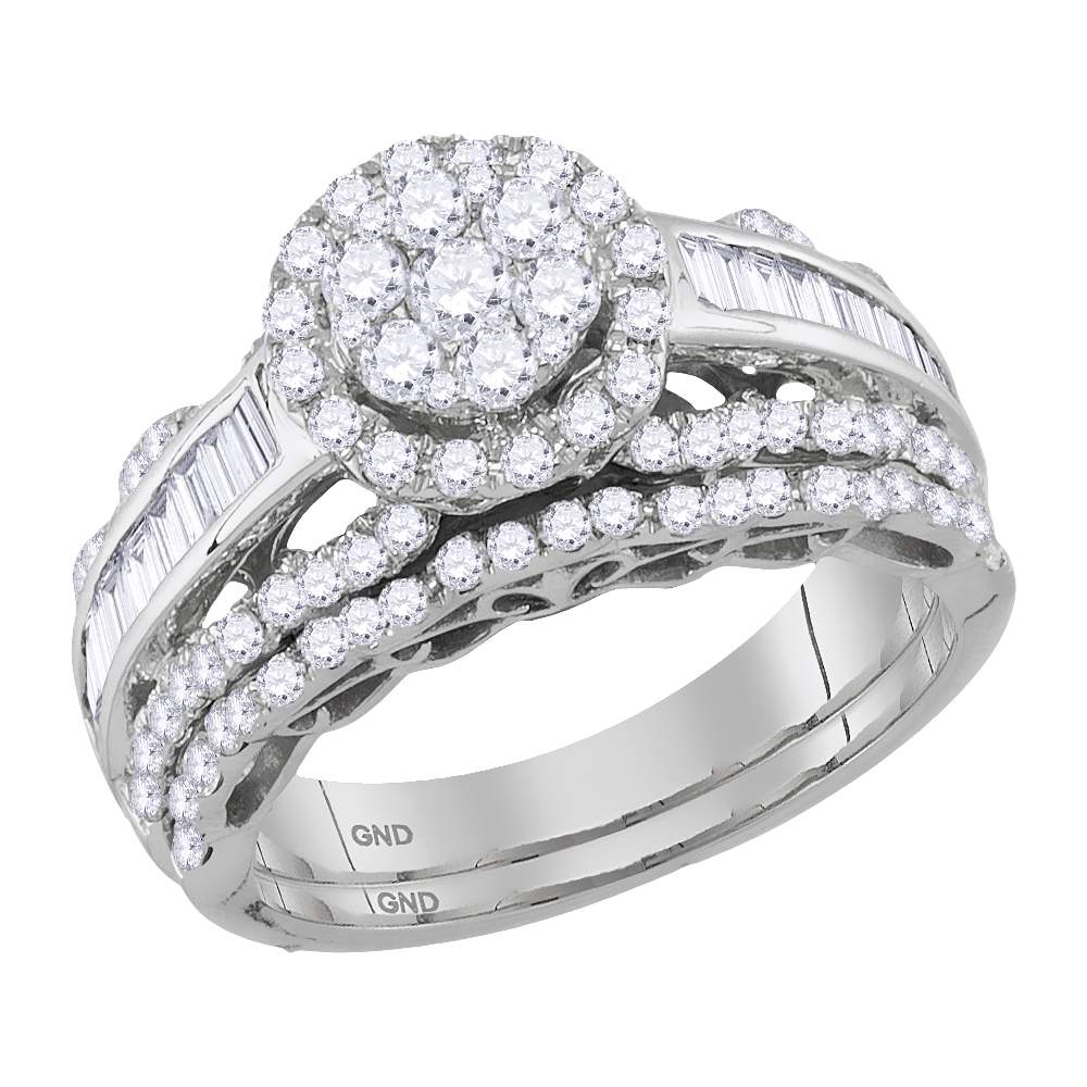 14kt White Gold Womens Round Diamond Cluster Bridal Wedding Engagement Ring Band Set 1-1/2 Cttw
