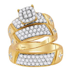 14kt Yellow Gold His & Hers Round Diamond Cluster Crosses Matching Bridal Wedding Ring Band Set 1-5/8 Cttw