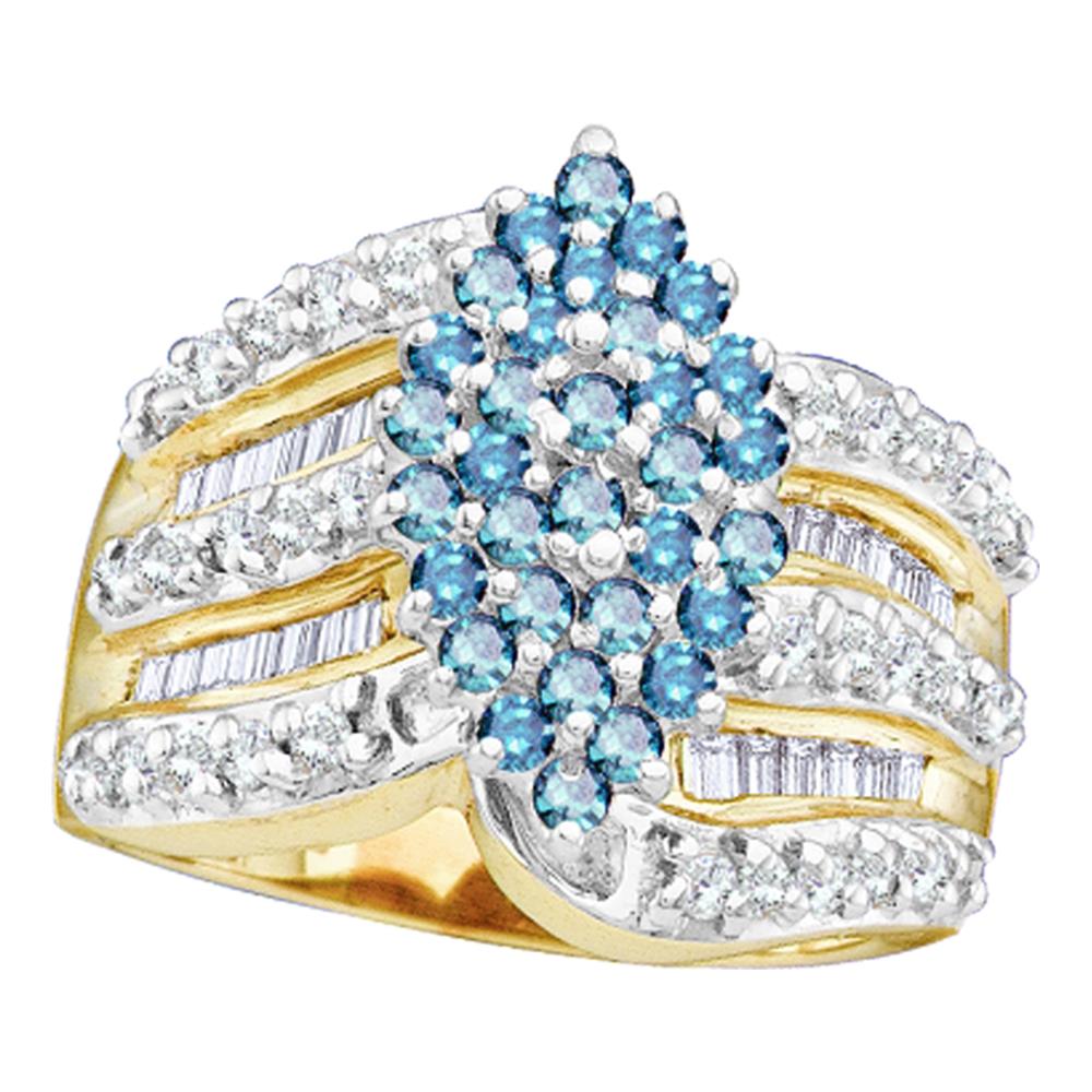 10kt Yellow Gold Womens Round Blue Color Enhanced Diamond Elevated Oval Cluster Ring 1.00 Cttw