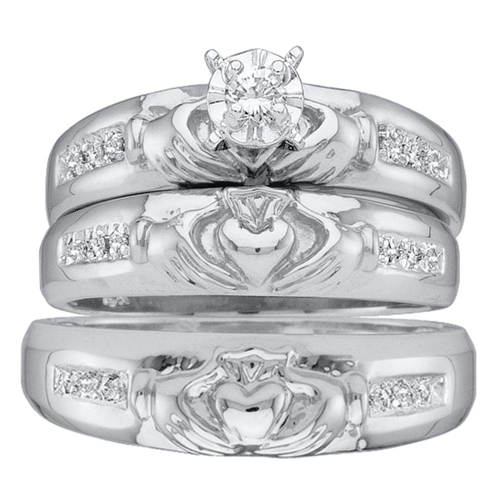 14kt White Gold His & Hers Round Diamond Claddagh Matching Bridal Wedding Ring Band Set 1/8 Cttw