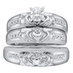 14kt White Gold His & Hers Round Diamond Claddagh Matching Bridal Wedding Ring Band Set 1/8 Cttw
