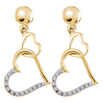 14kt Yellow Gold Womens Round Diamond Linked Hearts Dangle Screwback Earrings 1/10 Cttw