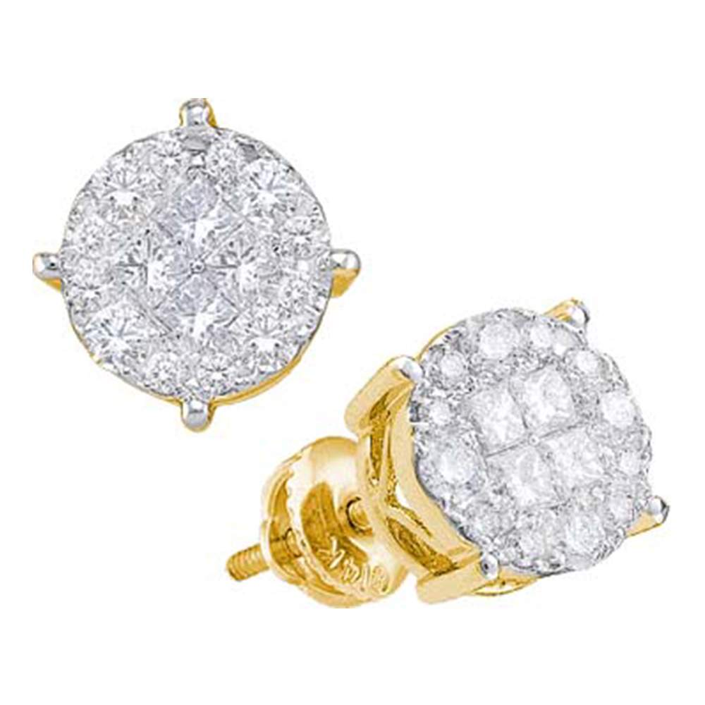 14kt Yellow Gold Womens Princess Round Diamond Soleil Cluster Earrings 1-1/2 Cttw