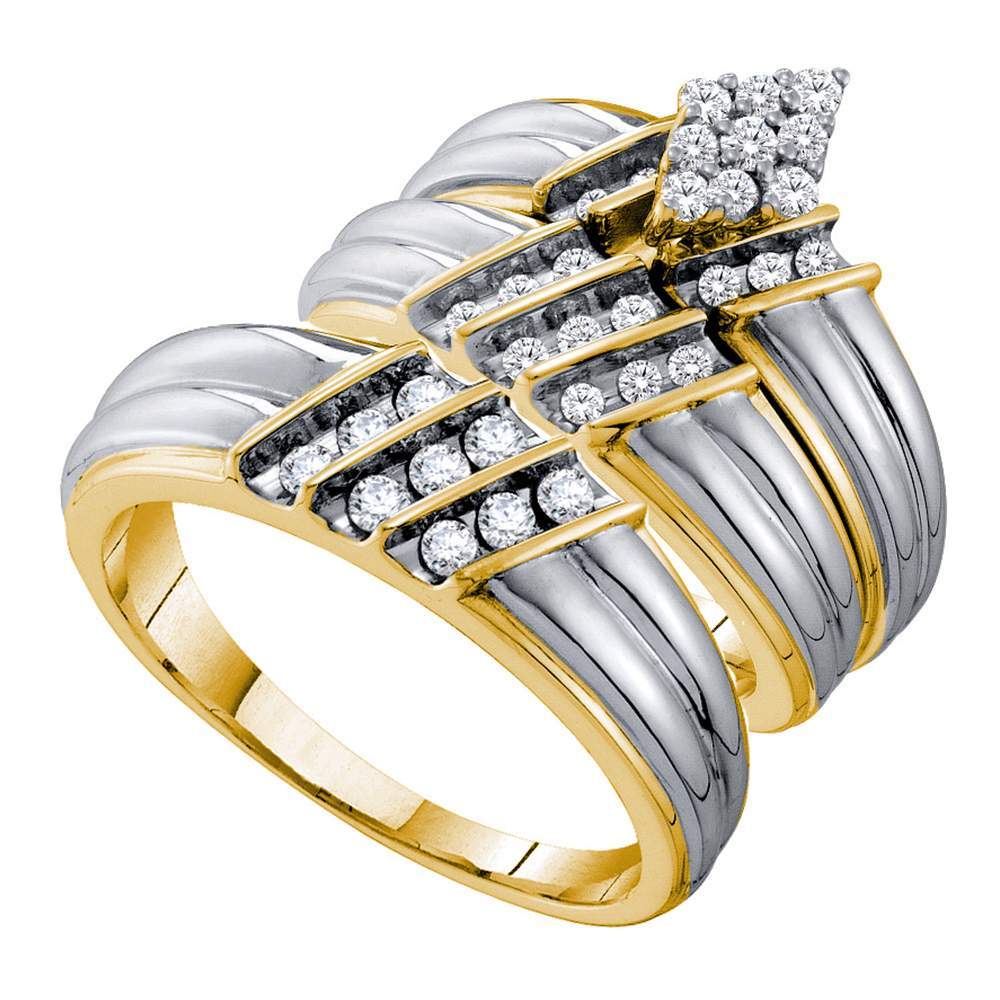14kt Two-tone Gold His & Hers Round Diamond Cluster Matching Bridal Wedding Ring Band Set 3/4 Cttw