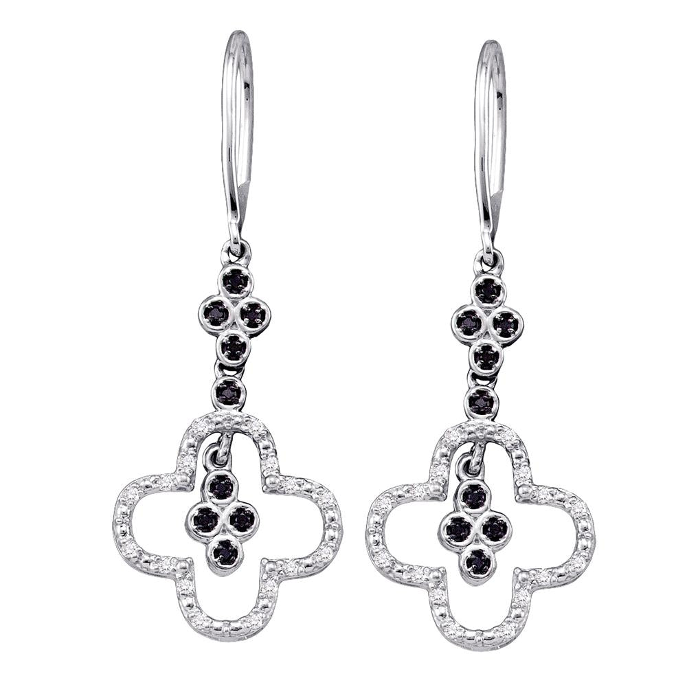 10k White Gold Black Color Enhanced Diamond Womens Cluster Wire Dangle Ear-wire Earrings 1/6 Cttw