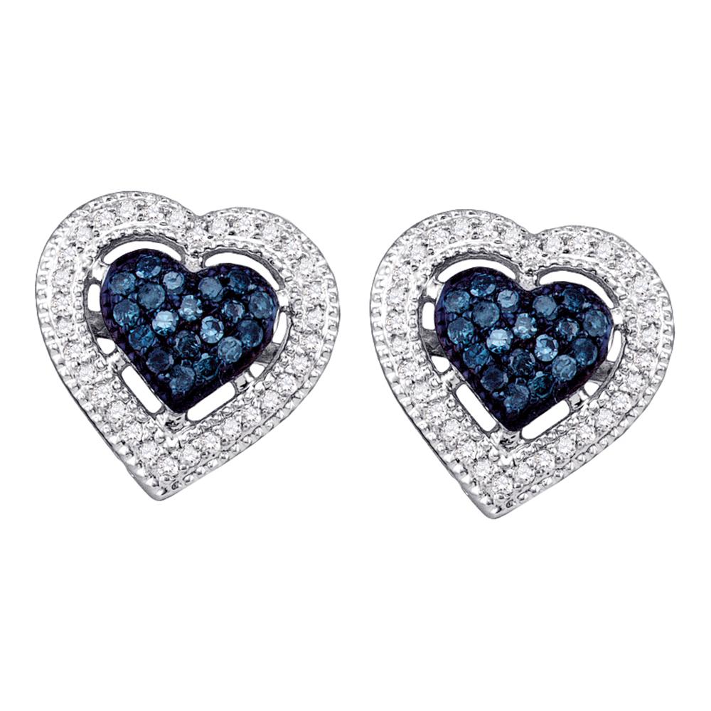 10kt White Gold Womens Round Blue Color Enhanced Diamond Heart Love Screwback Earrings 3/8 Cttw