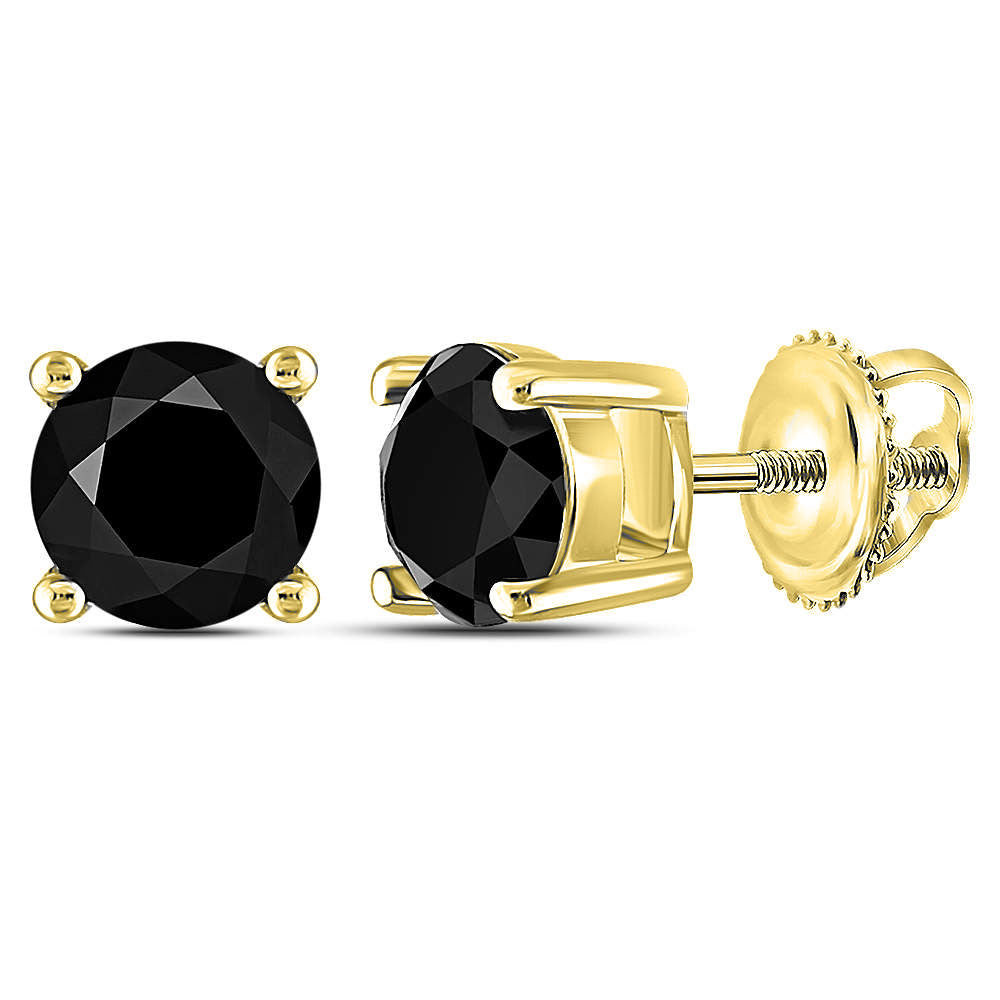 14kt Yellow Gold Round Black Color Enhanced Diamond Solitaire Screwback Stud Earrings 1-1/2 Cttw