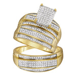 10kt Yellow Gold His & Hers Round Diamond Rectangle Cluster Matching Bridal Wedding Ring Band Set 5/8 Cttw
