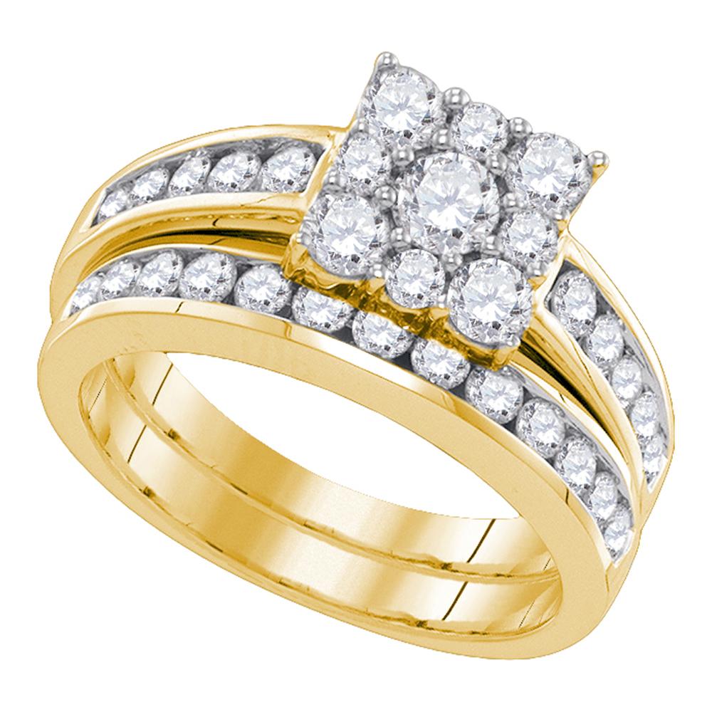 14kt Yellow Gold Womens Round Diamond Halo Bridal Wedding Engagement Ring Band Set 1-1/2 Cttw