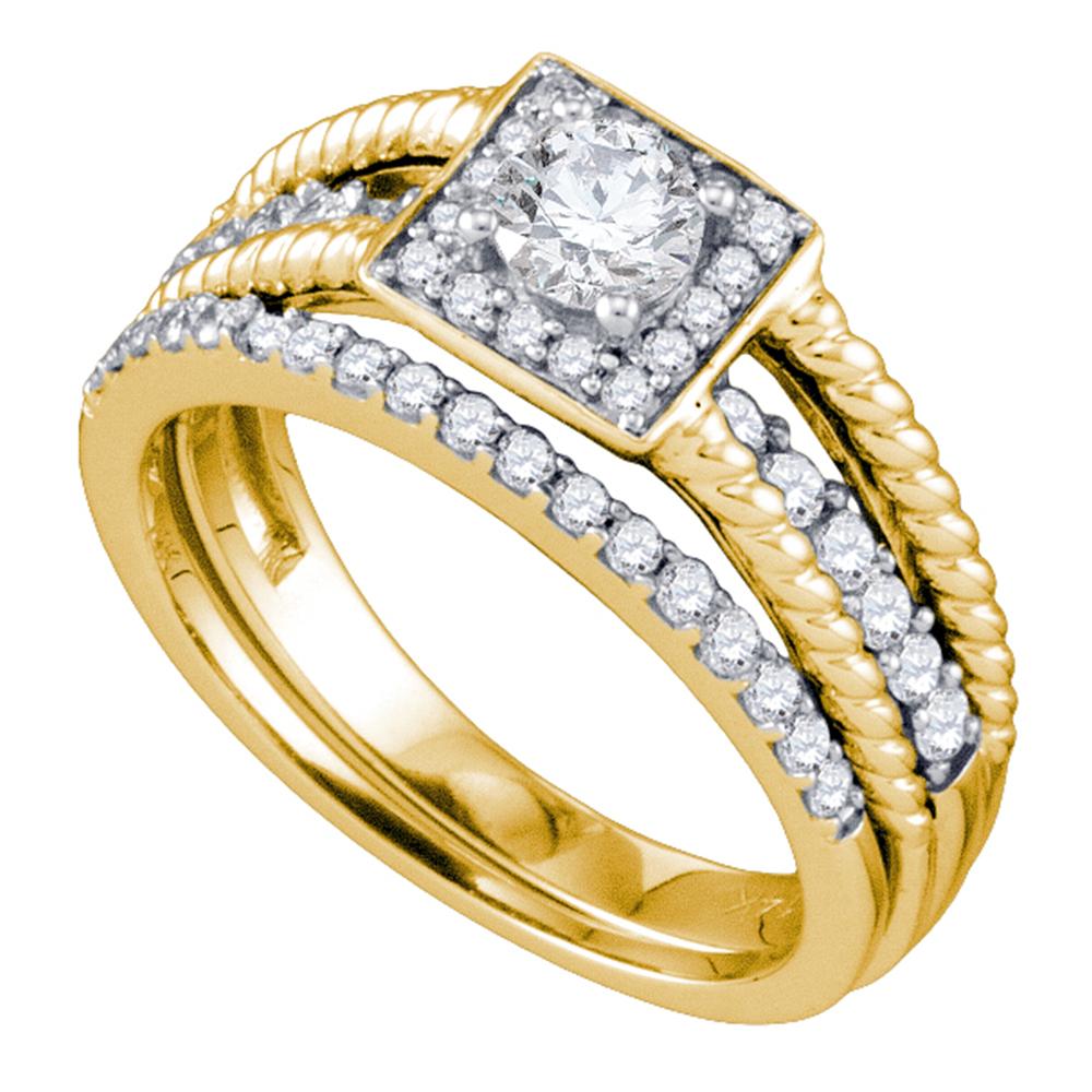 14kt Yellow Gold Womens Round Diamond Halo Bridal Wedding Engagement Ring Band Set 7/8 Cttw