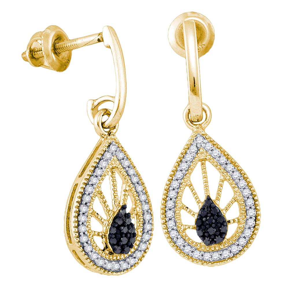 10kt Yellow Gold Womens Black Color Enhanced Diamond Teardrop Dangle Earrings 1/3 Cttw