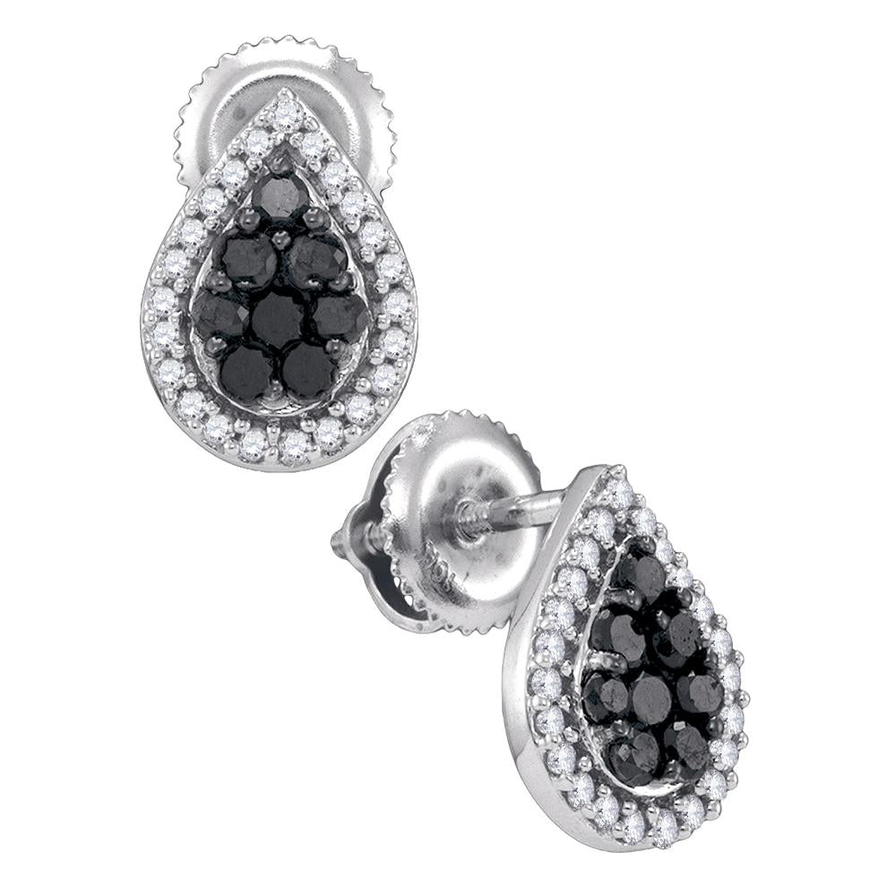10kt White Gold Womens Round Black Color Enhanced Diamond Teardrop Cluster Stud Earrings 1/2 Cttw