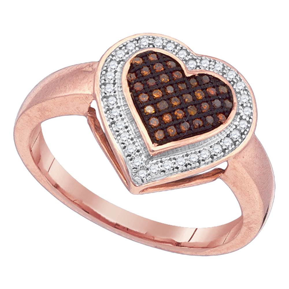 10kt Rose Gold Womens Round Red Color Enhanced Diamond Halo Heart Cluster Ring 1/5 Cttw