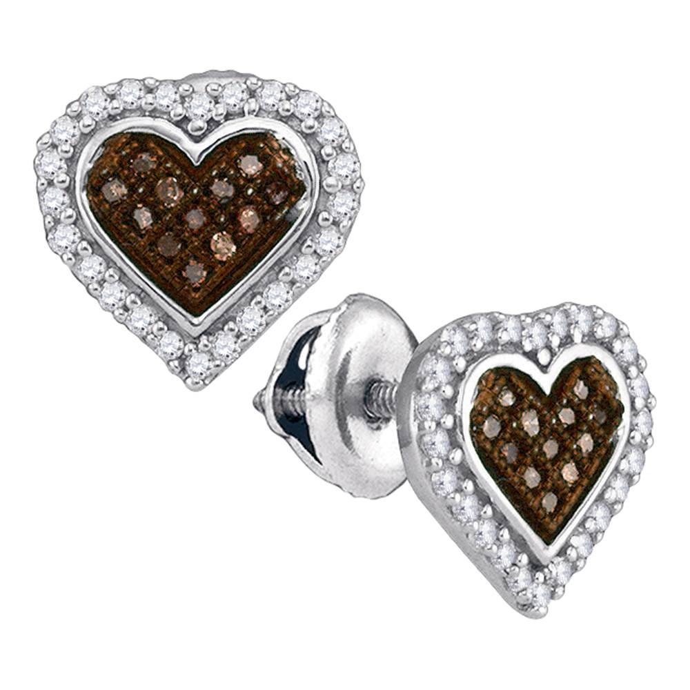 10kt White Gold Womens Round Cognac-brown Color Enhanced Diamond Heart Cluster Earrings 1/4 Cttw