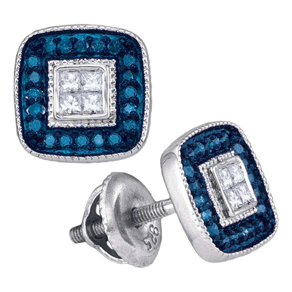 10kt White Gold Womens Round Blue Color Enhanced Diamond Square Frame Cluster Earrings 1/3 Cttw
