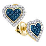 10kt Yellow Gold Womens Round Blue Color Enhanced Diamond Heart Love Stud Screwback Earrings 1/4 Cttw