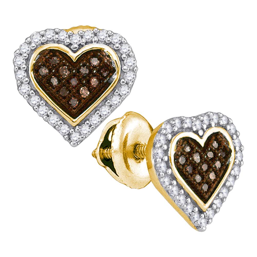 10kt Yellow Gold Womens Round Cognac-brown Color Enhanced Diamond Heart Cluster Earrings 1/4 Cttw