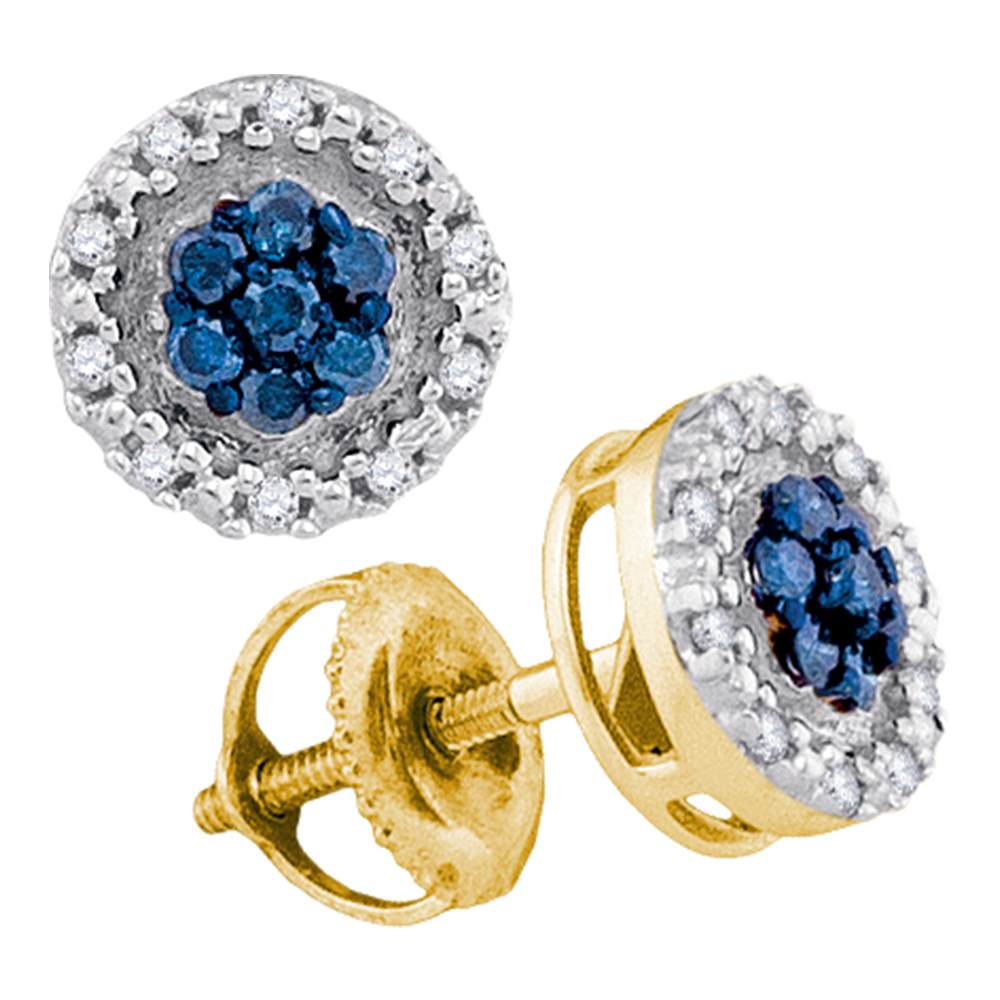 10kt Yellow Gold Womens Round Blue Color Enhanced Diamond Circle Frame Cluster Earrings 1/4 Cttw