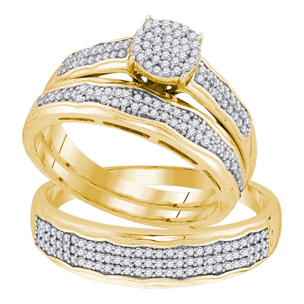 10kt Yellow Gold His & Hers Round Diamond Cluster Matching Bridal Wedding Ring Band Set 1/2 Cttw