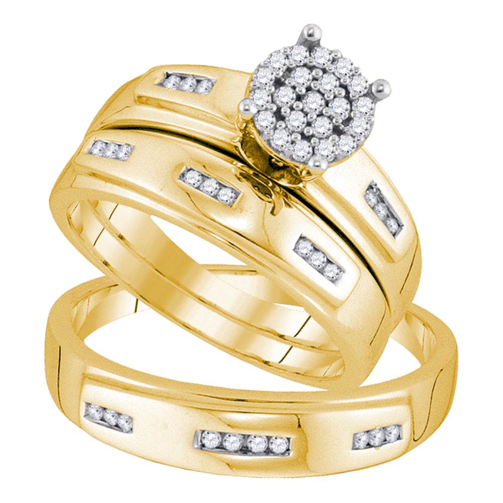 10kt Yellow Gold His & Hers Round Diamond Cluster Matching Bridal Wedding Ring Band Set 1/3 Cttw