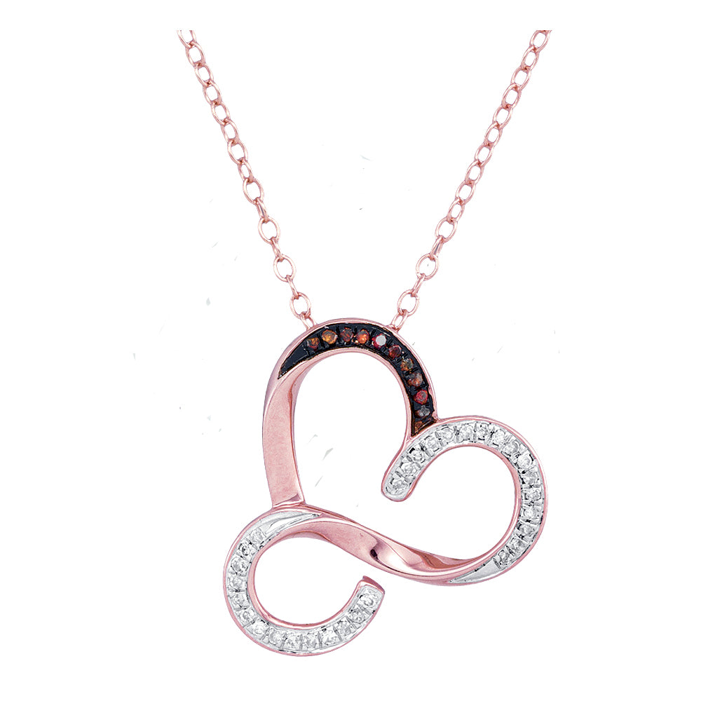 10kt Rose Gold Womens Round Red Color Enhanced Diamond Heart Love Pendant Necklace 1/8 Cttw