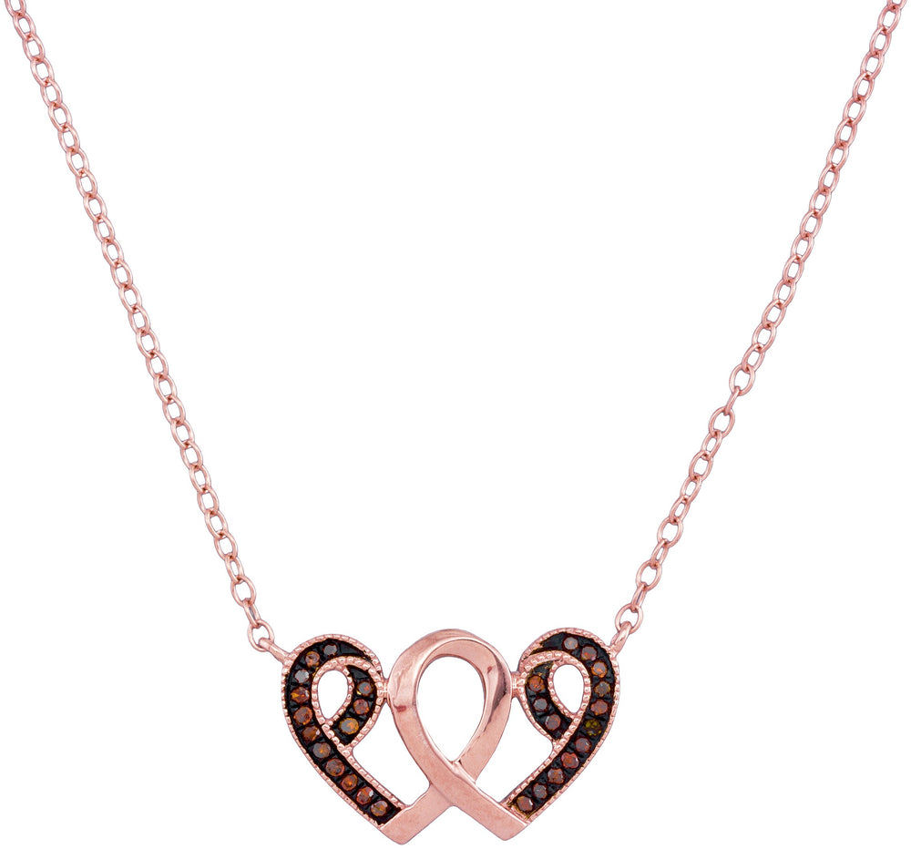 10kt Rose Gold Womens Round Red Color Enhanced Diamond Heart Awareness Ribbon Pendant Necklace 1/10 Cttw