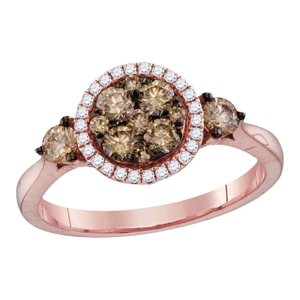 14kt Rose Gold Womens Round Cognac-brown Color Enhanced Diamond Cluster Bridal Wedding Engagement Ring 3/4 Cttw