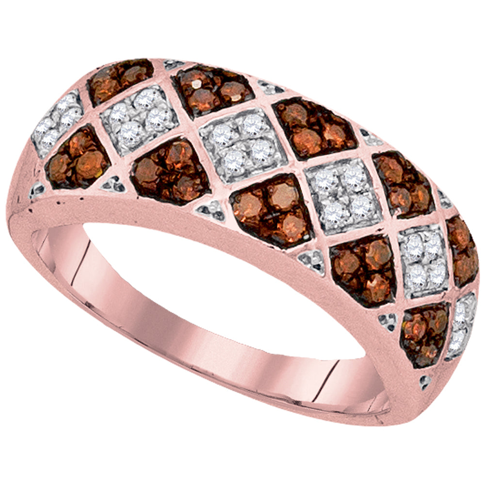 10kt Rose Gold Womens Round Red Color Enhanced Diamond Checkered Band 1/2 Cttw