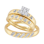 10kt Yellow Gold His & Hers Round Diamond Cluster Matching Bridal Wedding Ring Band Set 1/8 Cttw
