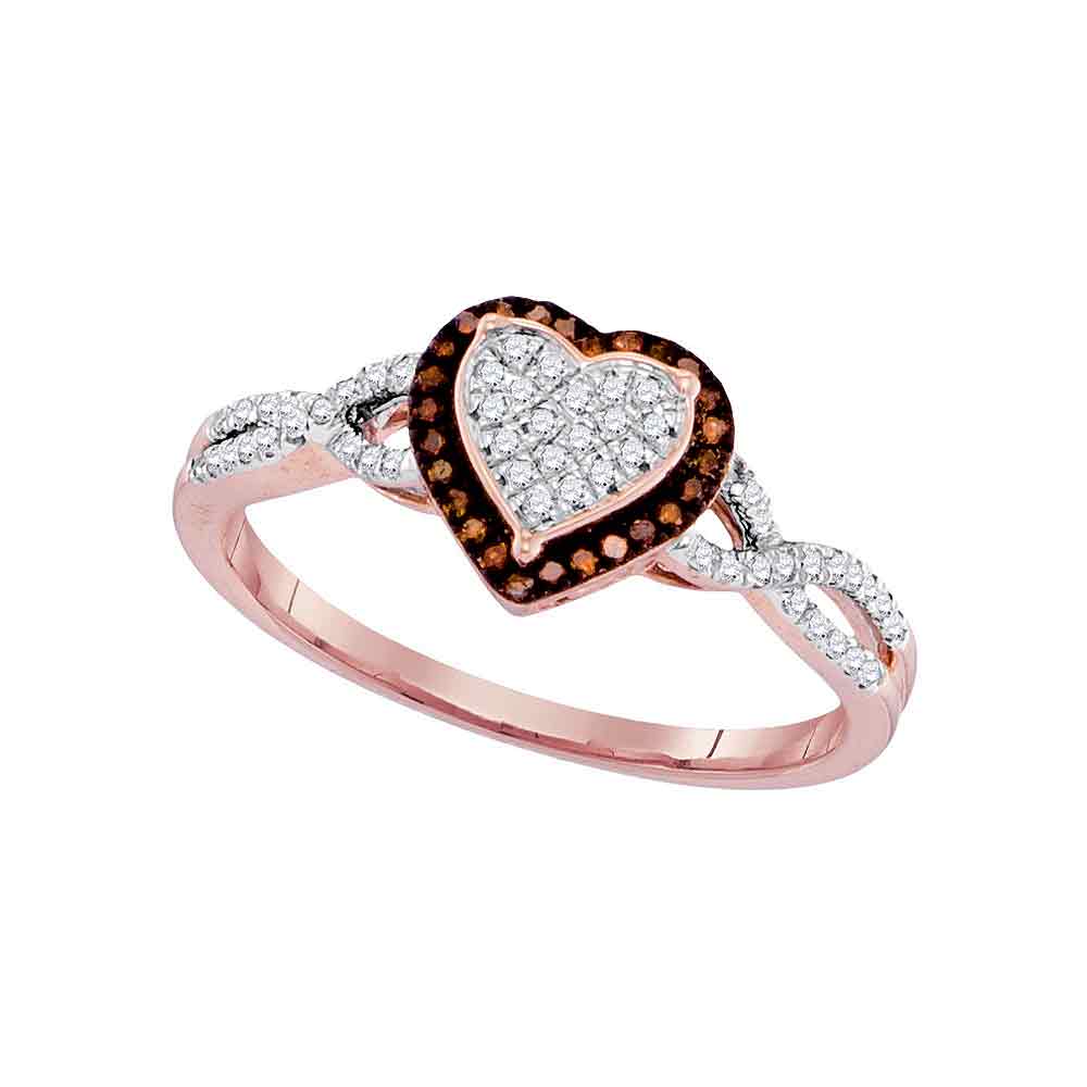 10kt Rose Gold Womens Round Red Color Enhanced Diamond Heart Frame Cluster Twist Ring 1/5 Cttw