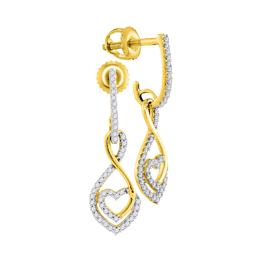 10kt Yellow Gold Womens Round Diamond Heart Dangle Screwback Earrings 1/4 Cttw