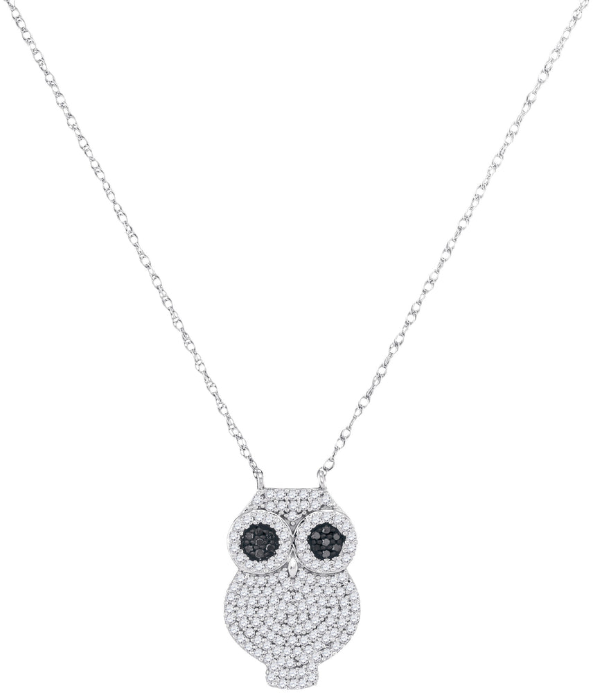 10kt White Gold Womens Round Black Color Enhanced Diamond Owl Bird Pendant Necklace 3/8 Cttw