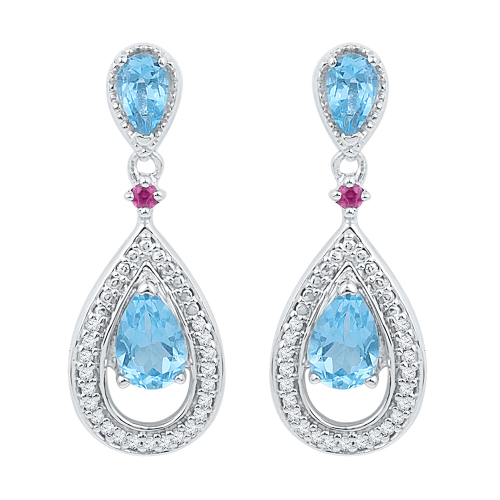 10kt White Gold Womens Oval Lab-Created Blue Topaz Diamond Dangle Earrings 1-5/8 Cttw