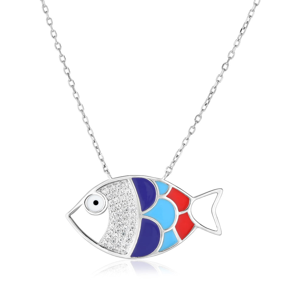 Sterling Silver 18 inch Necklace with Enameled Multicolored Fish