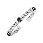 Woven Rope Cuff Bangle with Black Sapphire Accents in Sterling Silver