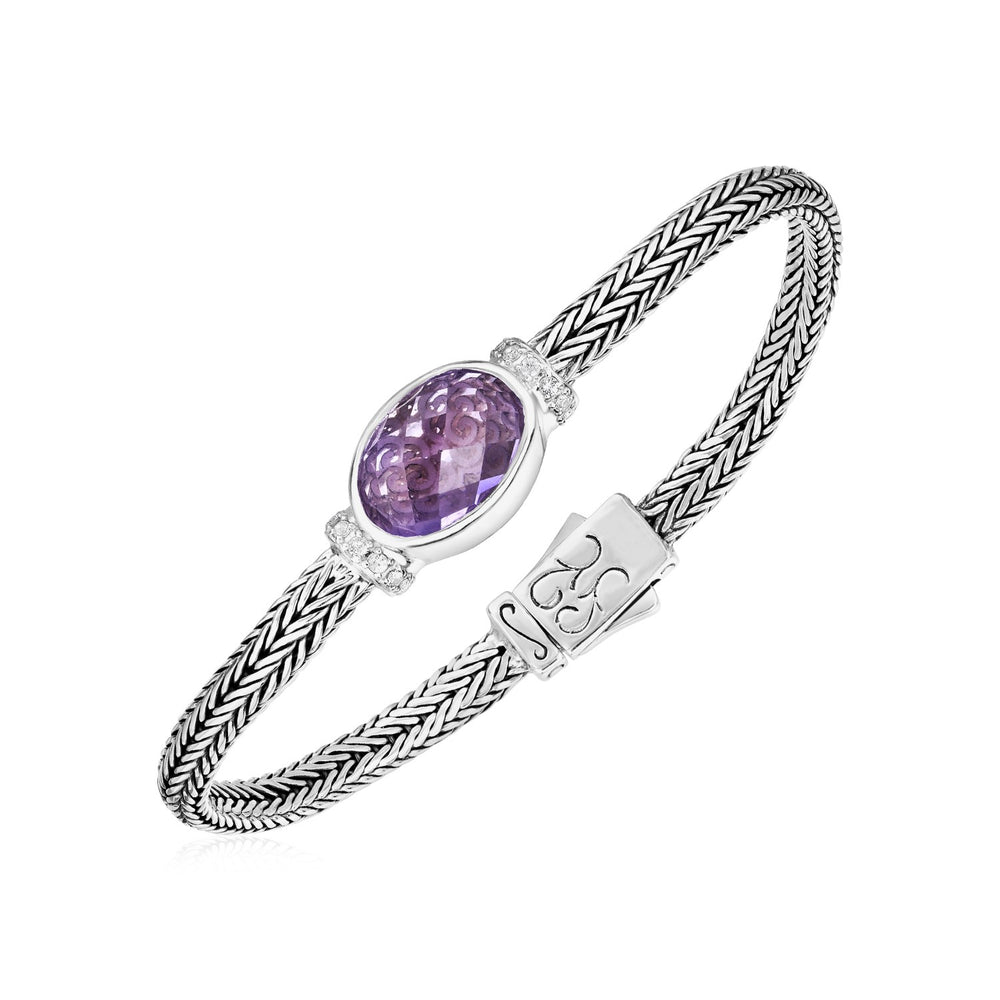 Woven Rope Bracelet with Pink Amethyst and White Sapphires in Sterling Silver