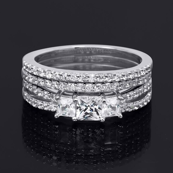 1.00 Carat Wedding Band Engagement Ring Set Solid Silver